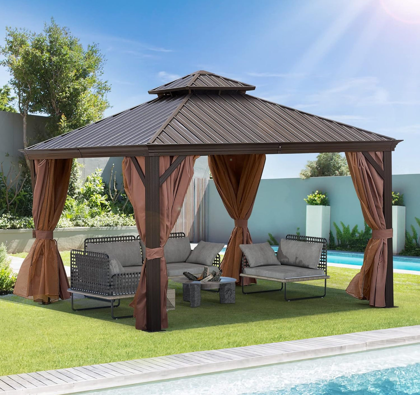 10x12 ft  Aluminium Patio Hardtop Gazebo with Curtain And Net