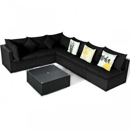 7 Pieces Sectional Wicker Furniture Sofa Set with Tempered Glass Top Coffee Table