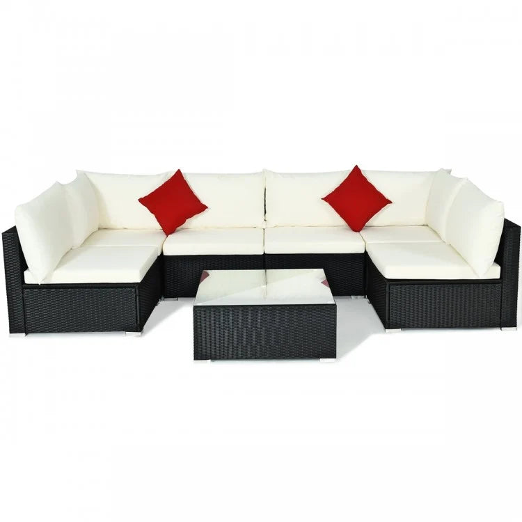 7 Pieces Sectional Wicker Furniture Sofa Set with Tempered Glass Top Coffee Table
