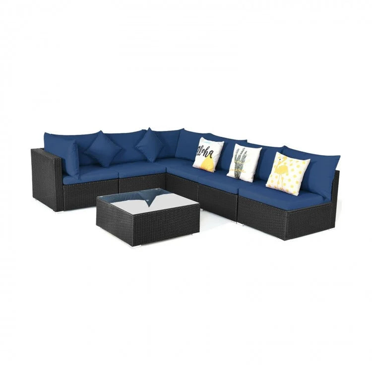 7 Pieces Sectional Wicker Furniture Sofa Set with Tempered Glass Top Coffee Table