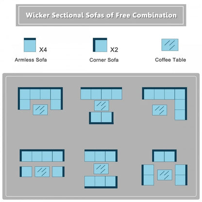 7 Pieces Sectional Wicker Furniture Sofa Set with Tempered Glass Top Coffee Table