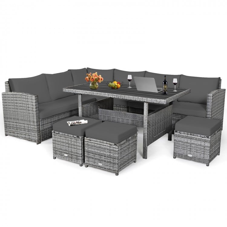 7 Pieces Outdoor Wicker Sectional Sofa Set with Dining Table
